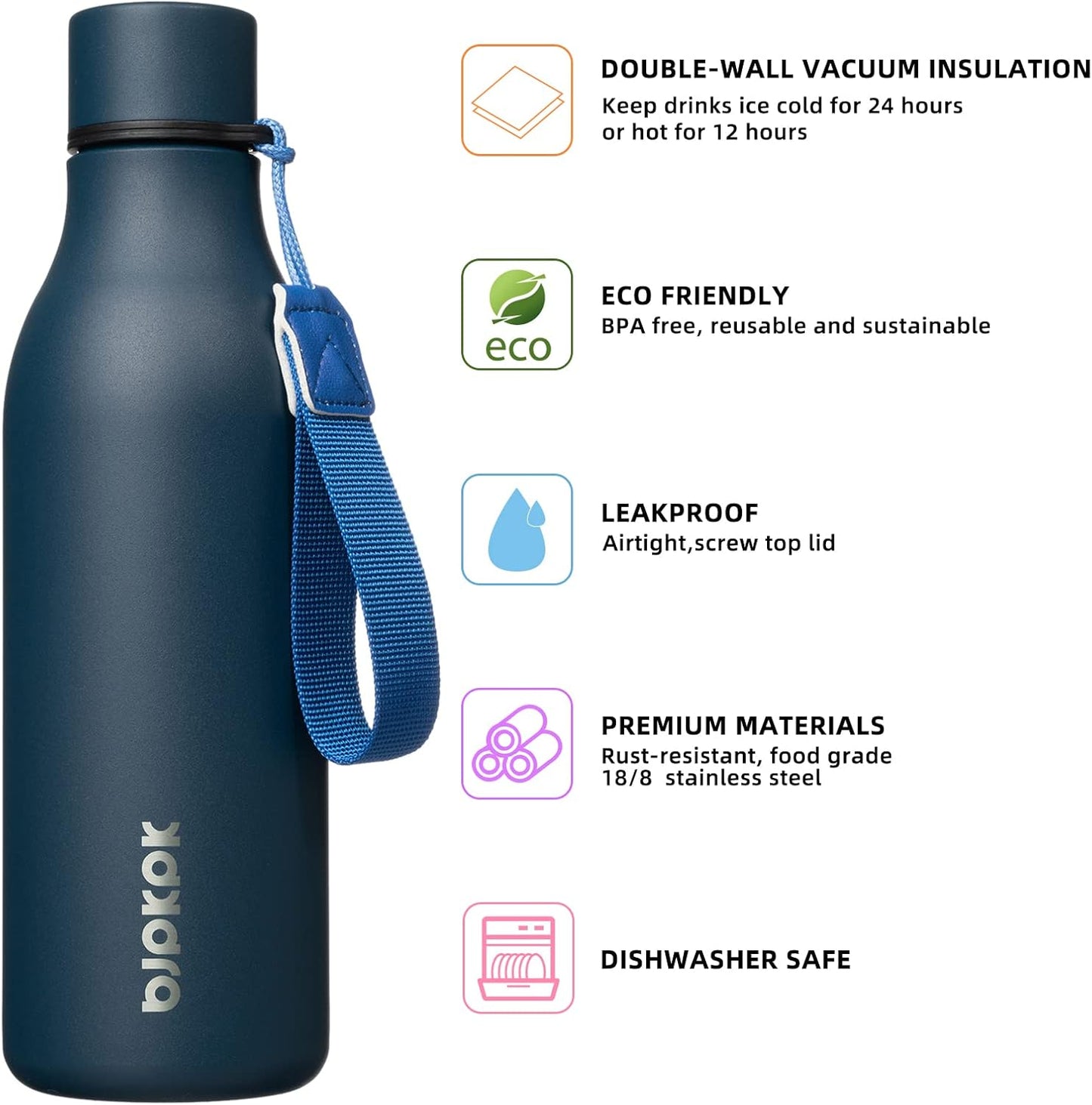 BJPKPK Insulated Water Bottles, 18 oz Stainless Steel Metal Water Bottle with Strap, BPA Free Leak Proof Jugs, Mugs, Flasks, Reusable Thermal Flasks for Sports & Travel, Black - Colors A