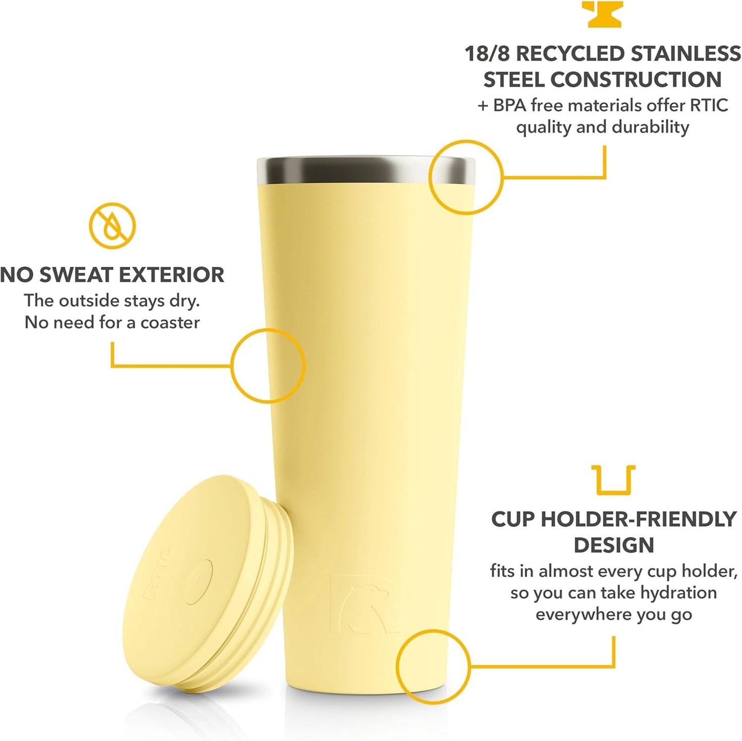 RTIC 20oz Everyday Tumbler Insulated Stainless Steel Portable Travel Coffee Cup with Straw, Ceramic Lining, Spill-Resistant Lid, BPA-Free, Hot and Cold Drink, Beach