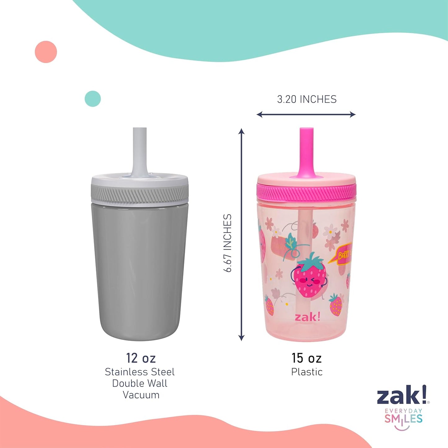Zak Designs 15oz Bluey Kelso Tumbler Set, Leak-Proof Screw-On Lid with Straw Made of Durable Plastic and Silicone, Perfect Bundle for Kids, 2 Count (Pack of 1) - Colors B