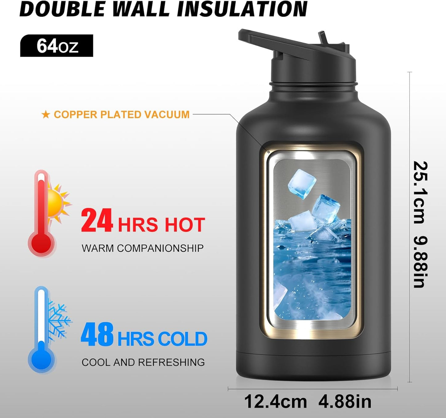 40oz Insulated Water Bottle (Cold for 48 Hrs),BPA Free&Leak Proof,Stainless Steel Water Flask,Water Jug with Straw Spout Lids for Gym,Hiking,Travel,Black Blue