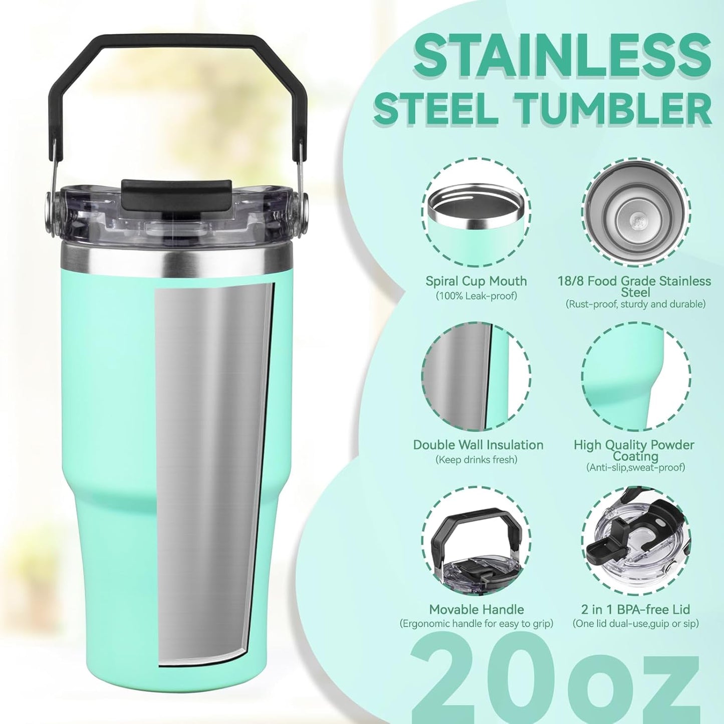 30oz Tumbler with Handle and Flip Straw Lid Double Wall Insulated Travel Coffee Mug Stainless Steel Vacuum Insulated Coffee Tumbler Cup for Hot and Cold Beverages,Leak-proof&BPA-free (30oz,Black)