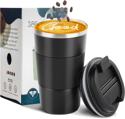 YINBAOGE Insulated Travel Coffee Mug, Spill & Leak Proof, Portable To Go Camping Stainless Steel Coffee Tumbler, Reusable Thermal Coffee Cup with Lid for Hot & Cold Drinks (Black, 12 OZ)