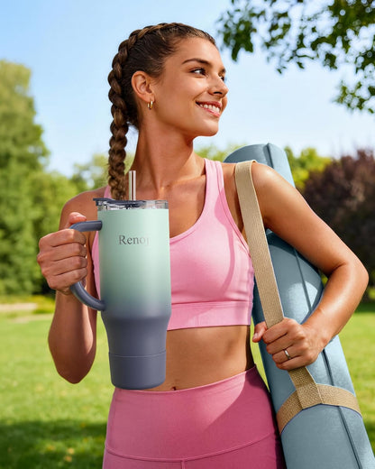 Renoj Insulated Mug 100% Leak Proof Insulated Water Bottle for Iced Coffee & Hot Drinks - Fits Car Cup Holder, Ideal Gift, 2 Straws & Silicone Boot - SnapShift Pink 32 oz