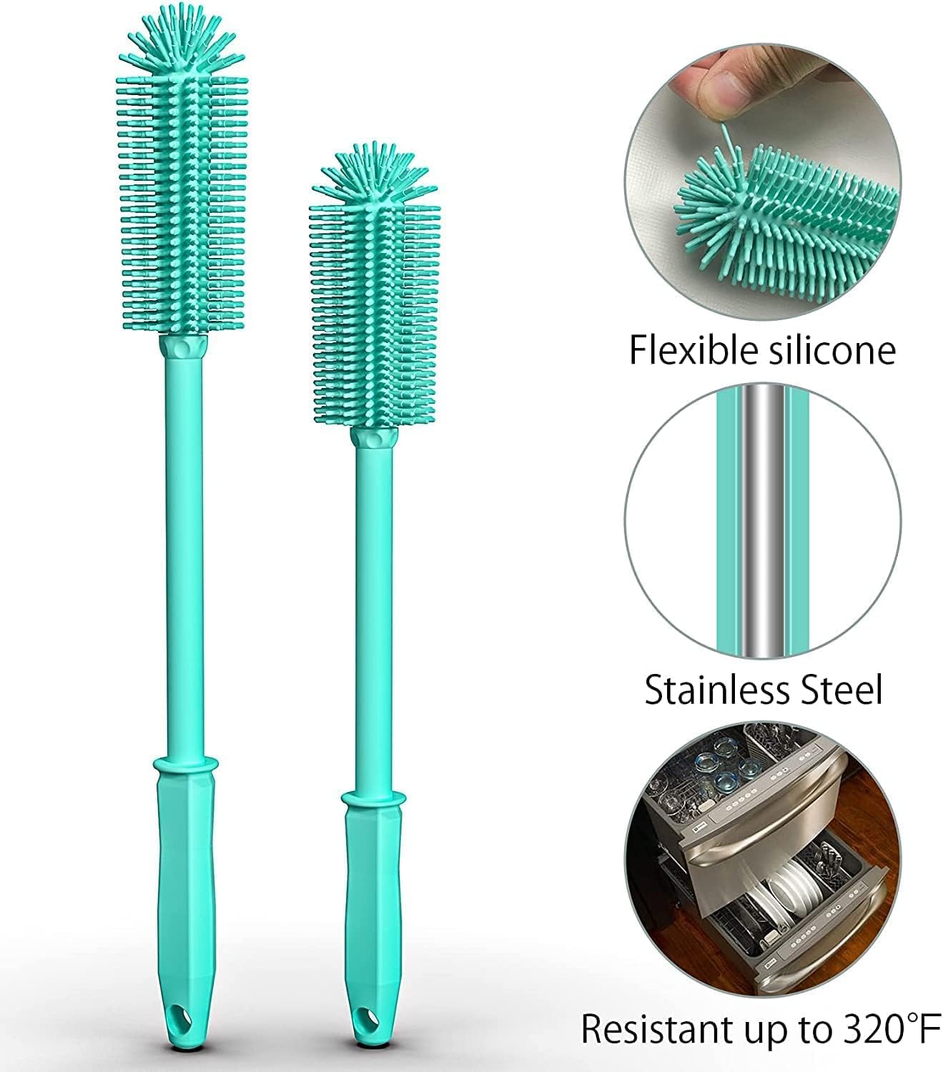 Long Silicone Bottle Cleaning Brush | 2 Pack| 16”+13”Water Bottle Brush Cleaner Brush for Hydro Flask,Glassware,Vacuum Sports Bottle&Vases,Silicone Water Bottle Cleaner Brush for Narrow Neck