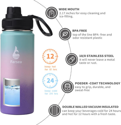 Farsea Insulated Water Bottle With Paracord Handle, Protective Silicone Boot and 2 Lids (Straw Lid & Spout Lid), Stainless Steel Water Bottle Wide Mouth, Double Wall Sweat-Proof BPA-Free, 24 oz