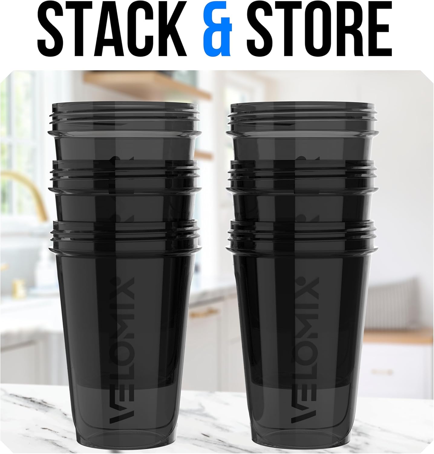 VELOMIX -6 PACK- 20 oz Protein Shaker Bottle for Protein Mixes - 6x Wire Whisk | Leak Proof Shaker Cups for Protein Shakes| Stackable Protein Shaker Bottle Pack | Dishwasher Safe (ALL IN BLACK)