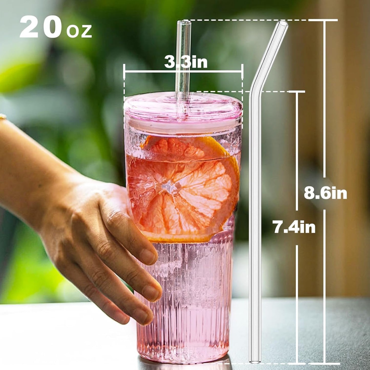 JunVpic Glass Cups with Lids and Straws,24oz Glass Tumbler with Handle Iced Coffee Cup for Coffee,Juice,Tea,Milk,Smoothie,Hot & Cold Drinks (Pink)