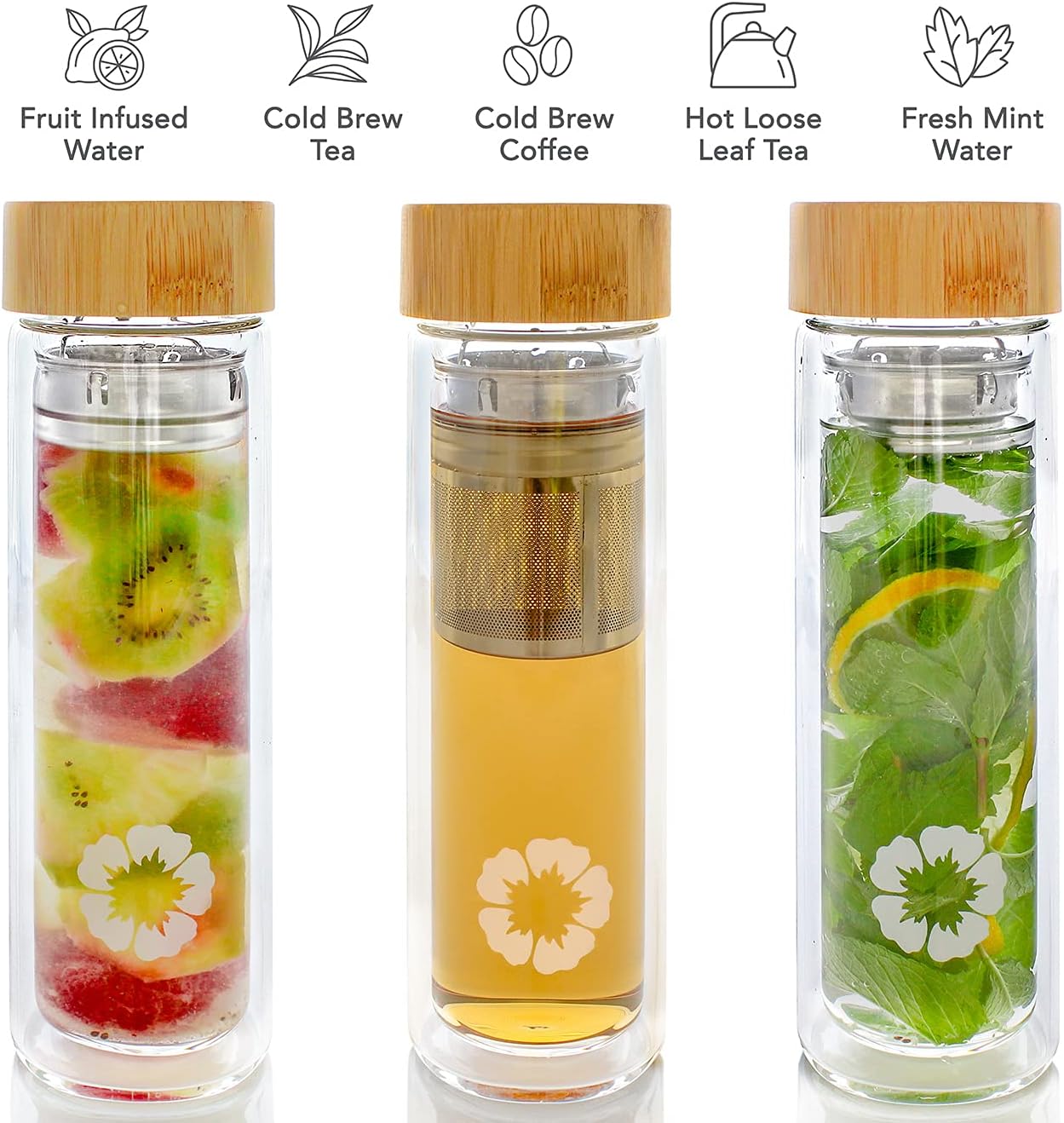 Teabloom All-Beverage Tumbler – 15 oz / 450 ml – Tempered Glass Travel Bottle – Hot and Cold Tea Infuser – Cold-Brew Coffee – Fruit-Infused Water – Tea Tumbler – The Pathfinder