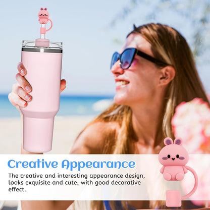 12 Pcs Silicone Straw Toppers for Stanley Cups, 3D Reusable Cute Animal Cover Caps Decoration for 40&30 oz Tumblers with DIA 10 mm Straws