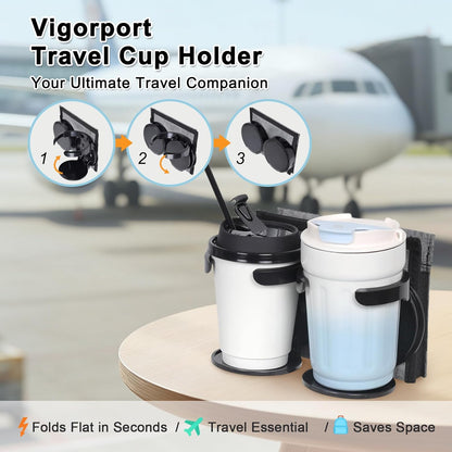 Vigorport Luggage Travel Cup Holder, Folding Cup Holder, Drink Caddy for Suitcases - Hold Two Coffee Mugs Traveler Carry on Hands Free Accessory