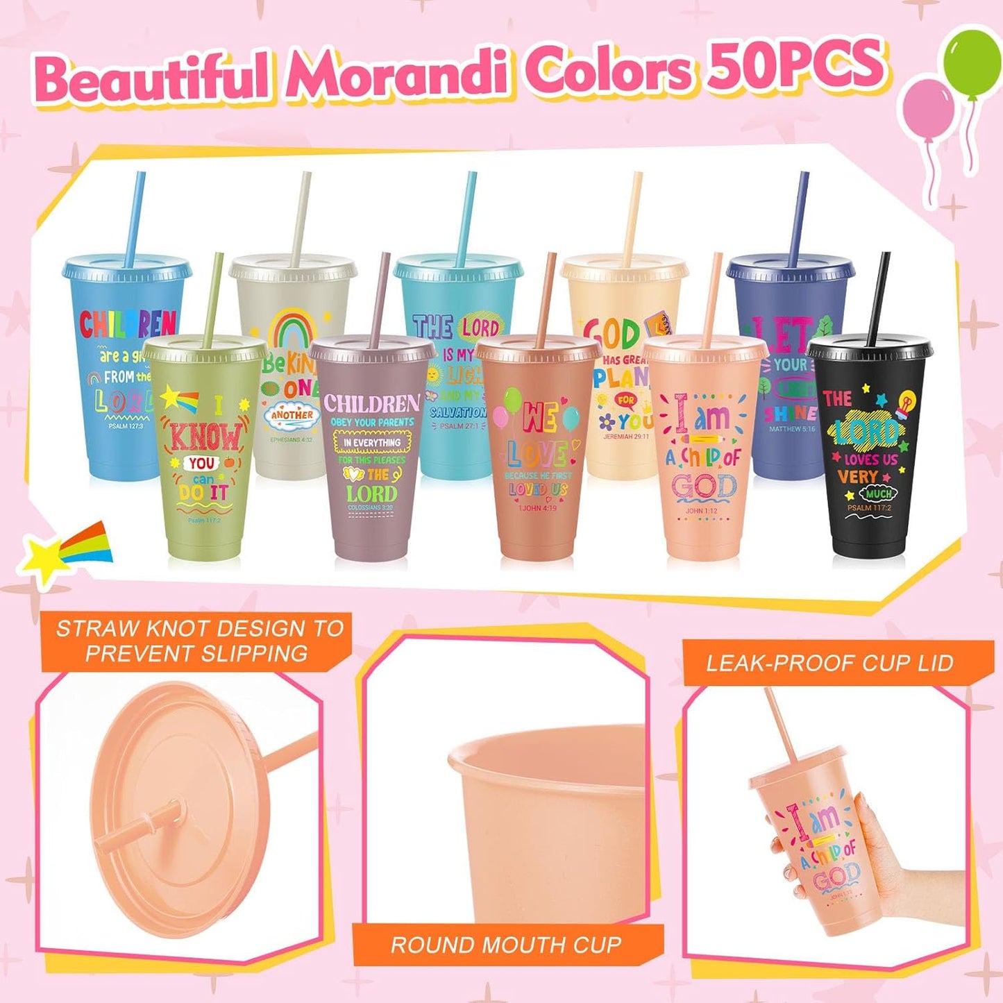 Uiifan 10 Pcs Christian Tumblers with Straws for Kids, Bible Verse Cups for VBS, Sunday School, Church Party Favors and Faith Gifts, Reusable Plastic Tumblers with Lids, 24 oz, White