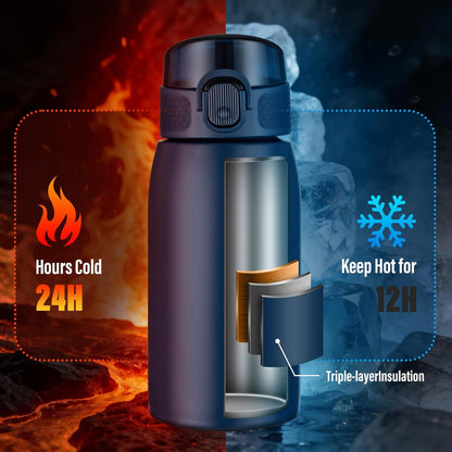 Insulated Water Bottle 24 oz with Dustproof Lid, Carry Handle & Tea Infuser, BPA-Free & Leakproof, Stainless Steel Water Bottles Ideal for Fitness, Hiking, Office & Outdoor Use (Black)