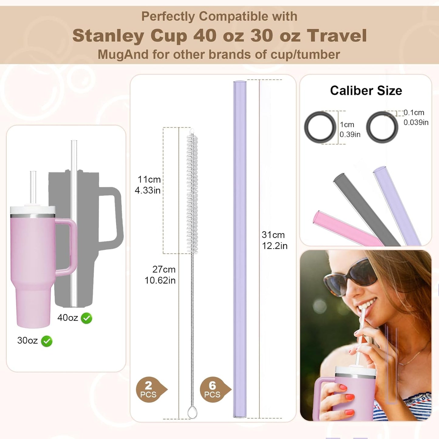AOTWAN Glass Straws for Stanley 10 Pack 40/30 oz Tumbler,12inch Replacement Straw for Stanley 4 Straight and 4 Bent with 2 Brushesh,Reusable Glass Straws for Stanley Cup