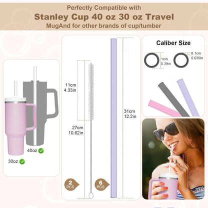 AOTWAN Glass Straws for Stanley 10 Pack 40/30 oz Tumbler,12inch Replacement Straw for Stanley 4 Straight and 4 Bent with 2 Brushesh,Reusable Glass Straws for Stanley Cup