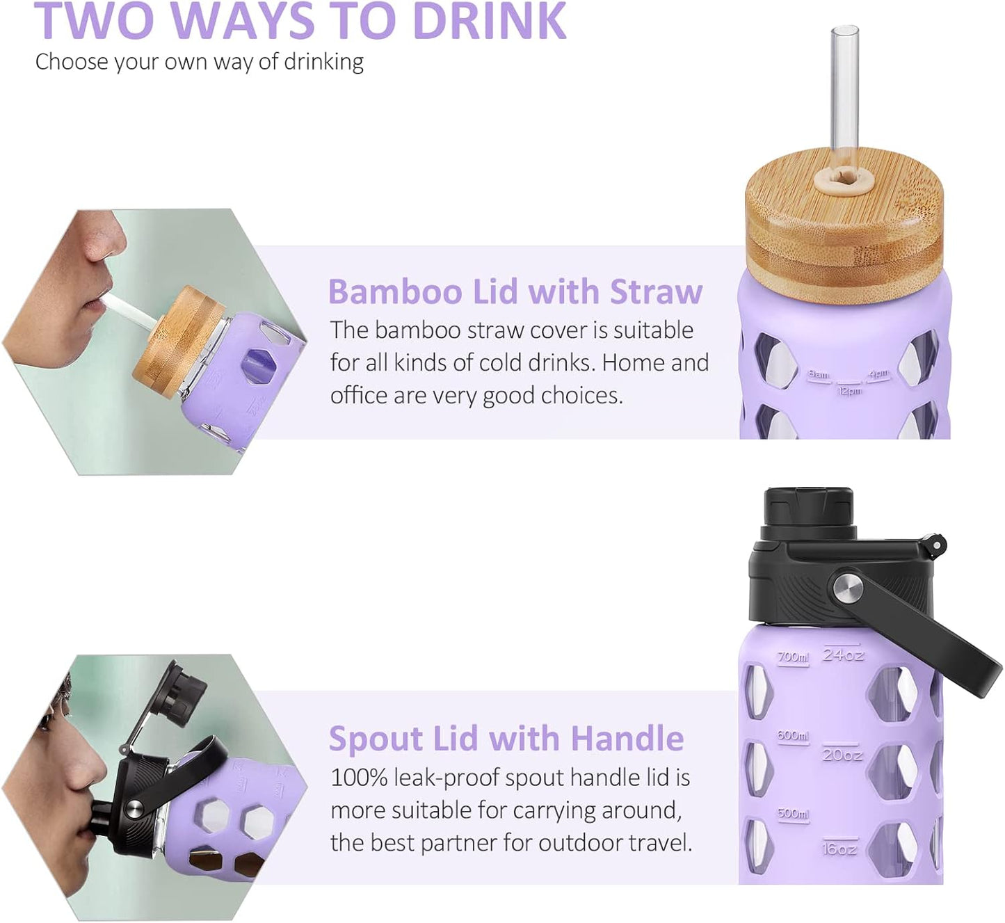 MUKOKO Glass Water Bottles, 32oz Glass Tumbler with Straw, Drinking Bottles with 2 Lids-Handle Spout Lid&Bamboo Straw Lid, Motivational Water Bottle with Time Marker and Silicone Sleeve, 1 Pack-Olive
