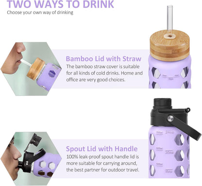 MUKOKO Glass Water Bottles, 32oz Glass Tumbler with Straw, Drinking Bottles with 2 Lids-Handle Spout Lid&Bamboo Straw Lid, Motivational Water Bottle with Time Marker and Silicone Sleeve, 1 Pack-Olive