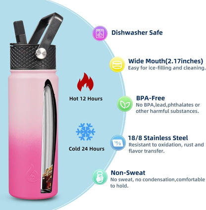 BJPKPK Insulated Water Bottles with Straw Lid, 40oz Stainless Steel Water Bottles with 3 Lids, BPA Free Leakproof Thermo, Tumblers, Cups for Sports, Gym- Midnight - Colors B