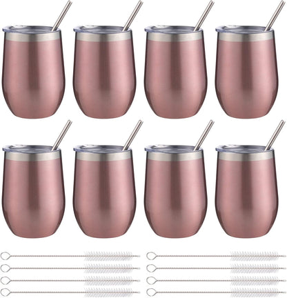 12 oz Insulated Wine Tumbler with Lid and Straw,Stainless Steel Stemless Wine Tumbler Glasses Double Wall Vacuum Wine Cups Tumbler for Coffee,Champaign,Cocktail,Office（Silver,1）
