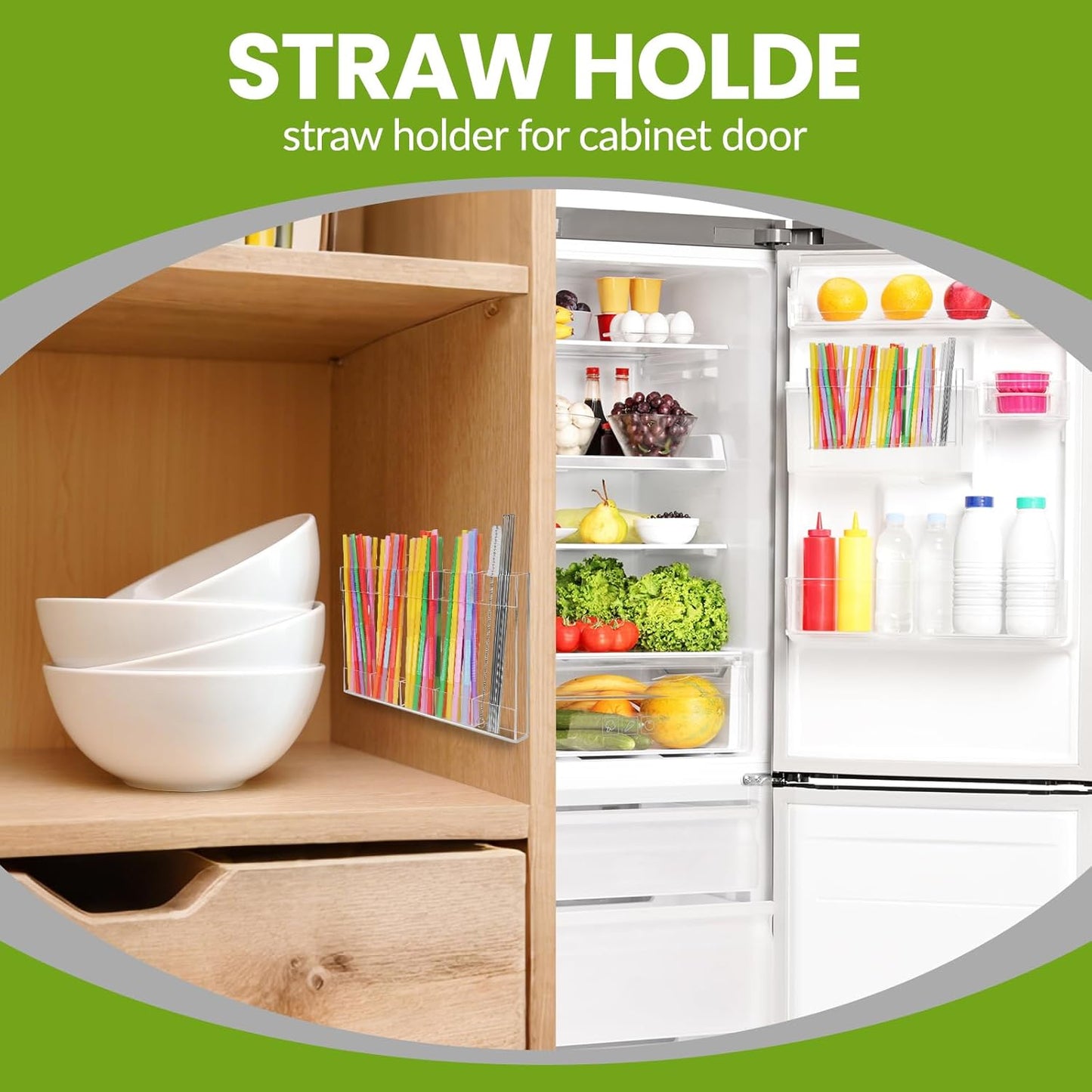 9.8” Large Acrylic Straw Holder for Cabinet Door - Reusable Straw Organizer Storage, Holds 80+ Straws, Ultra Sticky Adhesive Door Mounted, Kitchen Cabinet Accessories Container (Transparent)