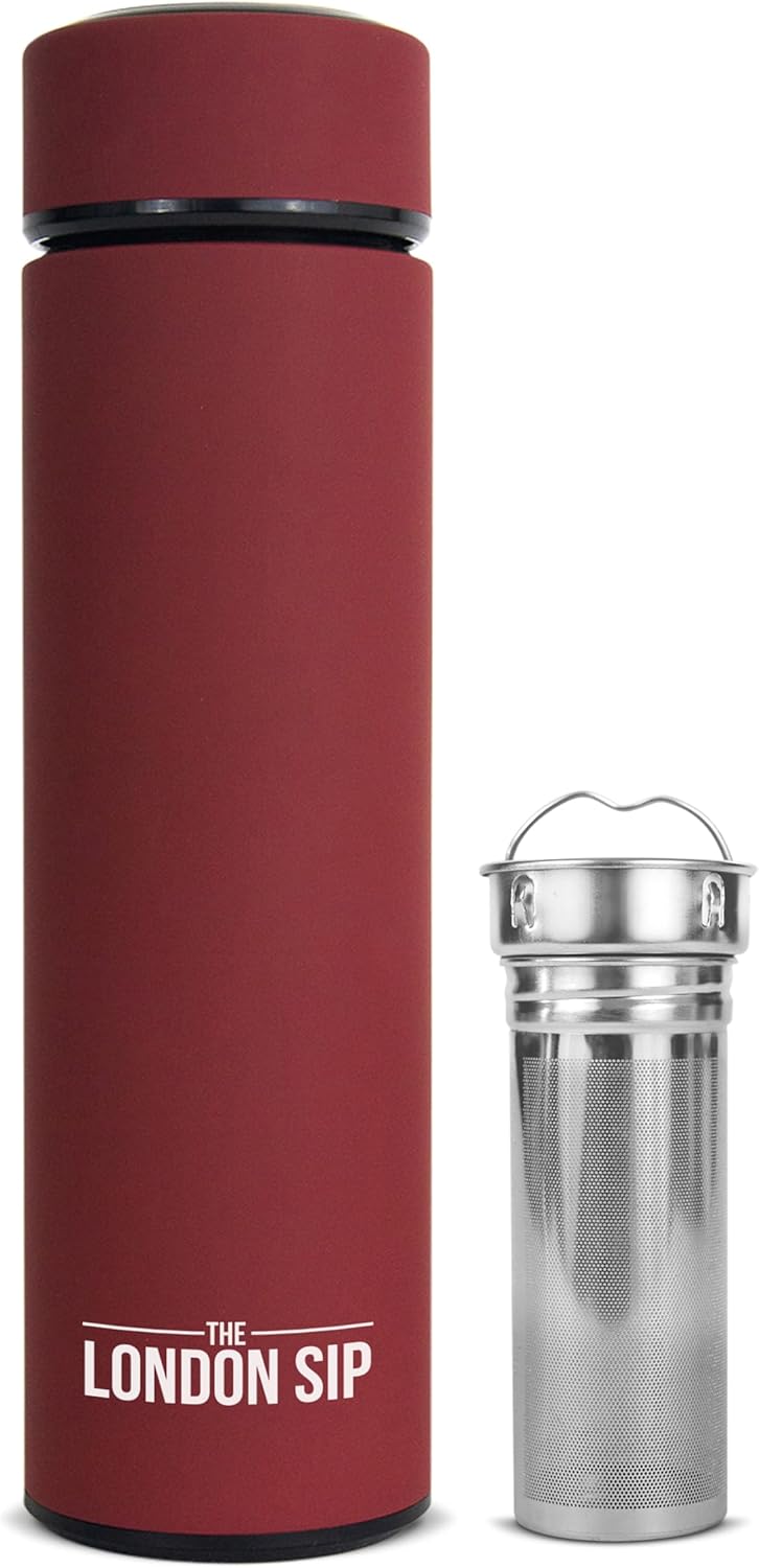 The London Sip Multi-Purpose Travel Mug and Tumbler Fruit Infused Flask Hot and Cold Double Wall Stainless Steel Thermos with Extra-Long Infuser, Purple