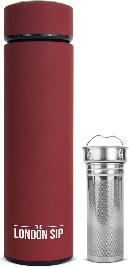 The London Sip Multi-Purpose Travel Mug and Tumbler Fruit Infused Flask Hot and Cold Double Wall Stainless Steel Thermos with Extra-Long Infuser, Purple