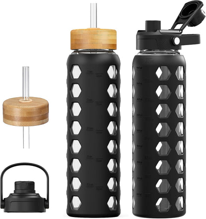 MUKOKO Glass Water Bottles, 32oz Glass Tumbler with Straw, Drinking Bottles with 2 Lids-Handle Spout Lid&Bamboo Straw Lid, Motivational Water Bottle with Time Marker and Silicone Sleeve, 1 Pack-Olive
