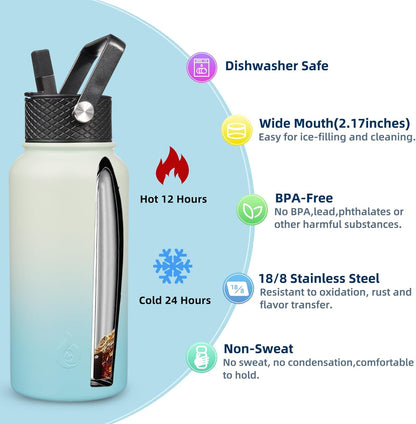 BJPKPK Insulated Water Bottles with Straw Lid, 40oz Stainless Steel Water Bottles with 3 Lids, BPA Free Leakproof Thermo, Tumblers, Cups for Sports, Gym- Midnight - Colors A