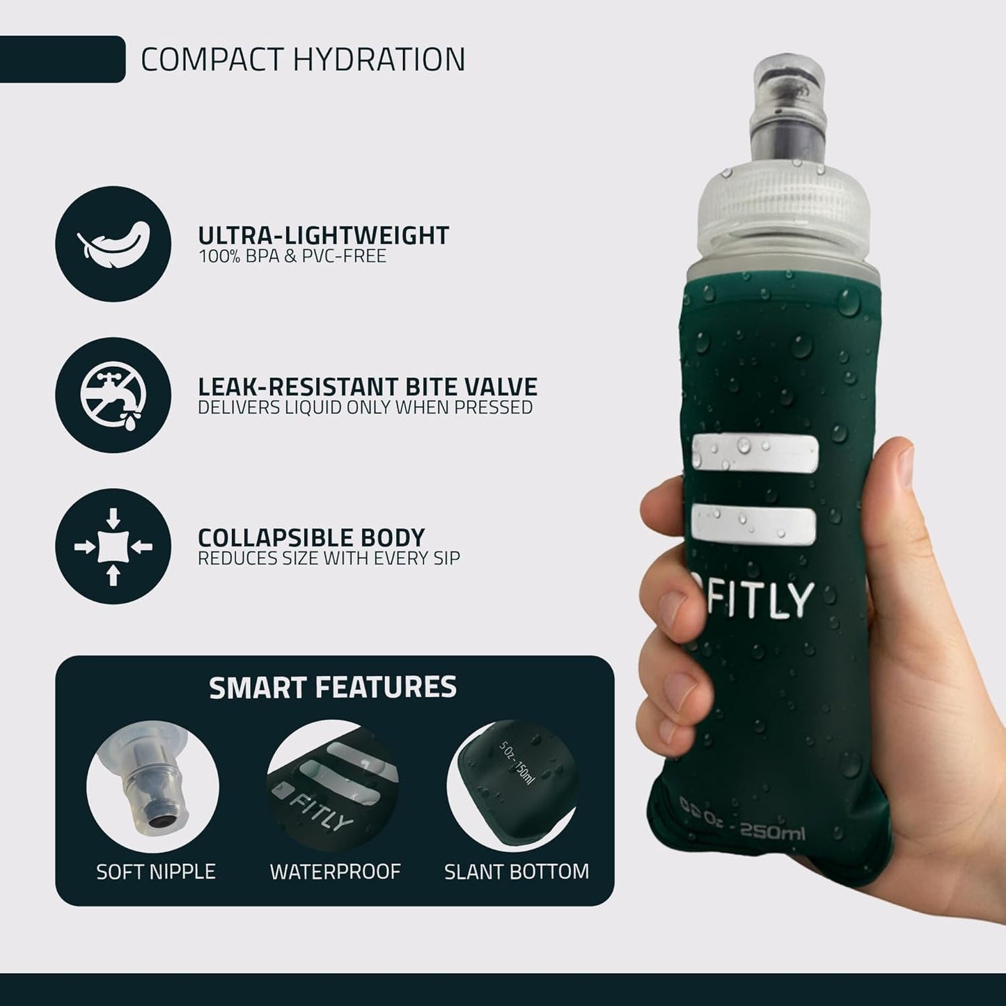 FITLY Soft Flask - Shrink As You Drink Soft Water Bottle for Hydration Pack - Folding Water Bottle Ideal for Running, Hiking, Cycling, Climbing & Rigorous Activity