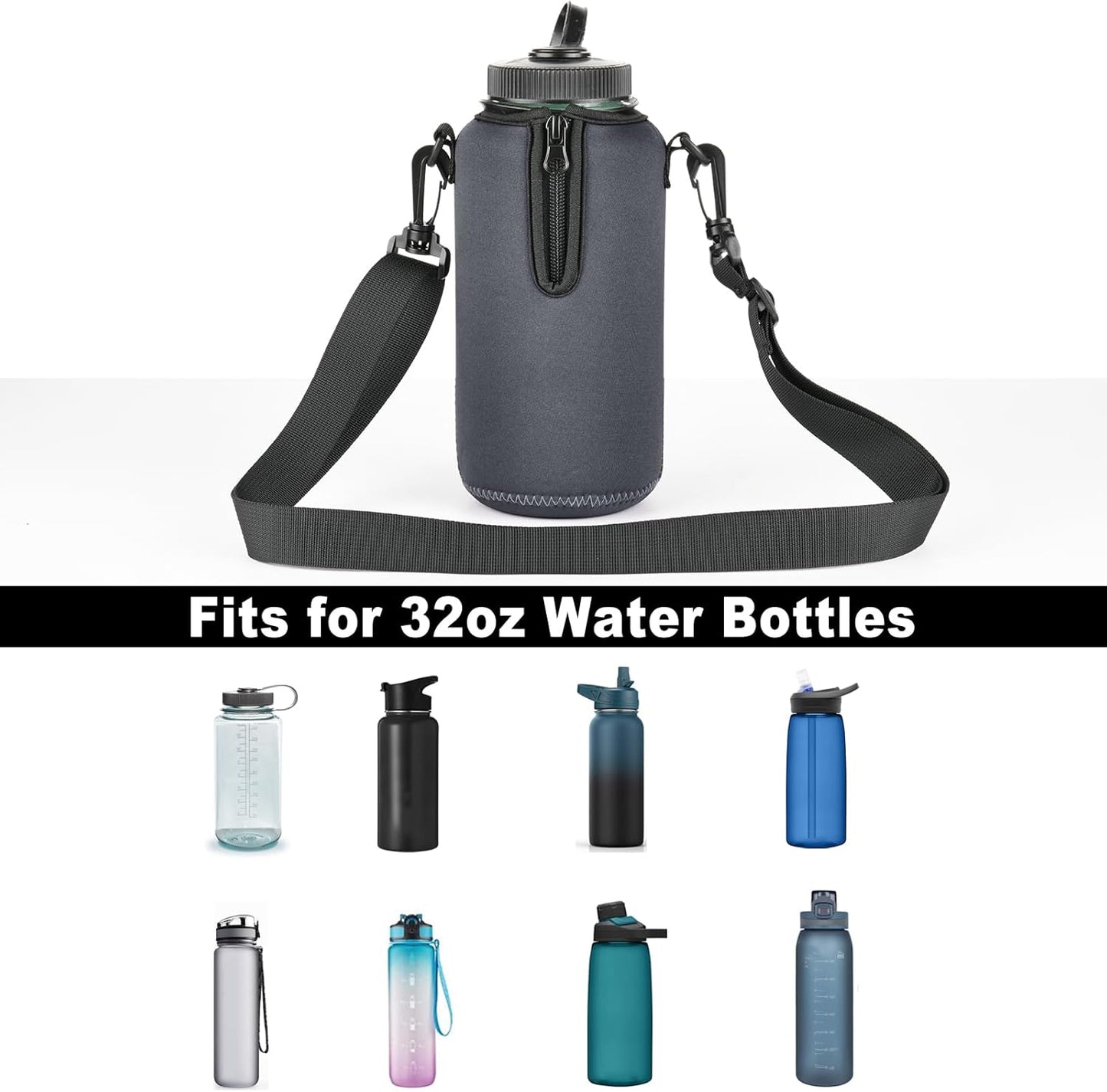 Beautyflier Neoprene Water Bottle Sleeve Insulator Cooler, Compatible with Nalgene Water Bottle 32 OZ, with Adjustable Shoulder Strap for Hydro Flask Wide Mouth Bottle 32oz, etc.