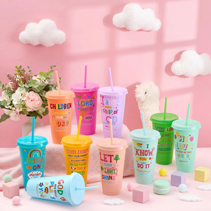 Uiifan 10 Pcs Christian Tumblers with Straws for Kids, Bible Verse Cups for VBS, Sunday School, Church Party Favors and Faith Gifts, Reusable Plastic Tumblers with Lids, 24 oz, White