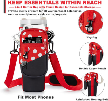 BULKITEM Water Bottle Carrier Bag with Phone Pocket for Stanley 40 & 30 oz Tumbler with Handle,Pink Insulated Neoprene Cup Holder Pouch w/Adjustable Strap for Quencher H2.0 Stanley Cup Accessories