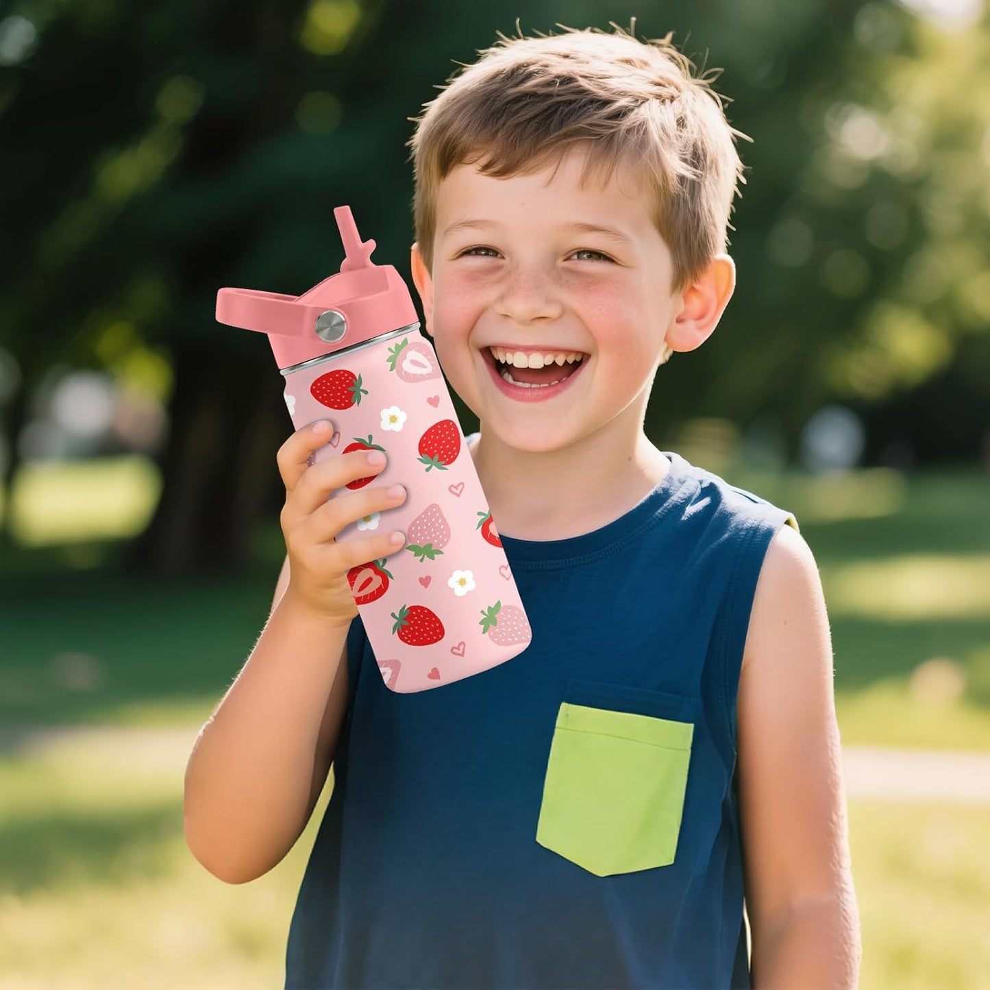 Strawberry Gifts for Kids - 16oz Pink Kids Water Bottle with Straw Lid, Stainless Steel Insulated Water Bottle, Leakproof, BPA-Free, for Girls, School, Strawberry Lover Children Birthday Gift Cup(1pc)