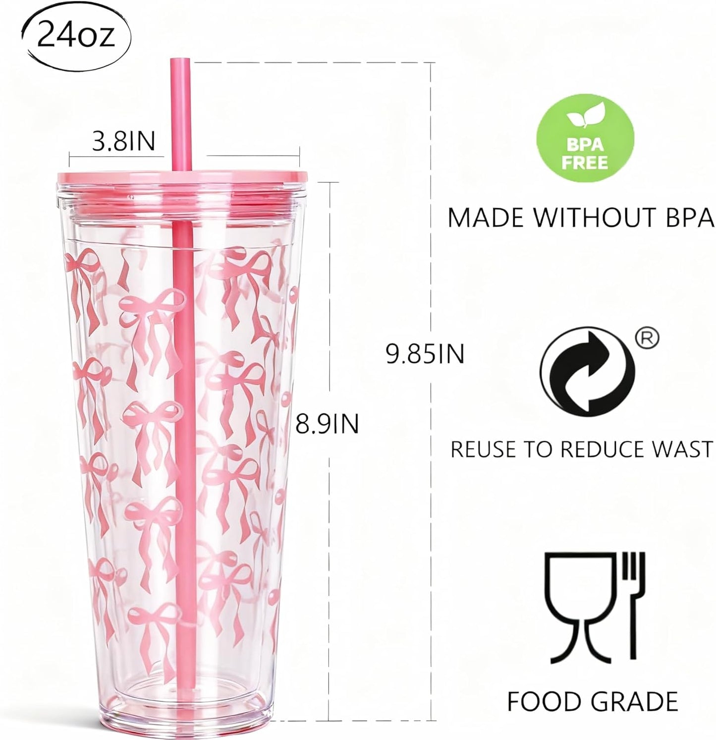 24oz Tumbler with Lid and Straw, Leak Proof and Double Wall Insulated Reusable Plastic Cups,Travel Reusable Iced Coffee Cup (1, Pink)