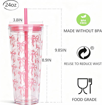 24oz Tumbler with Lid and Straw, Leak Proof and Double Wall Insulated Reusable Plastic Cups,Travel Reusable Iced Coffee Cup (1, Pink)