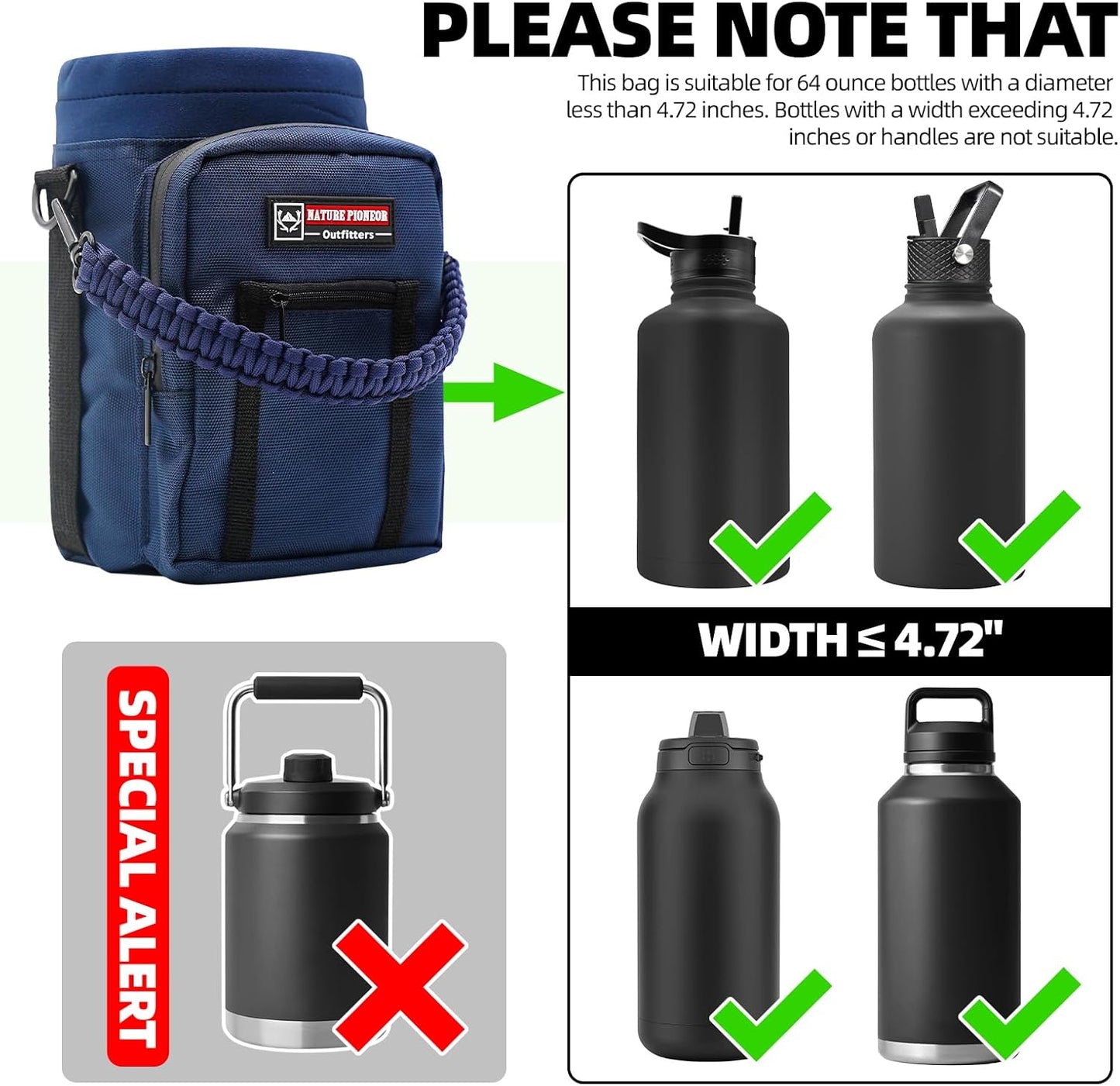 NATURE PIONEOR Water Bottle Holder with Adjustable Strap - 26/32/36/40/46/64oz Insulated Water Bottle Sling Carrier with Paracord Handle & 2 Pockets, Outdoor Sports, Hiking, Camping, Gym