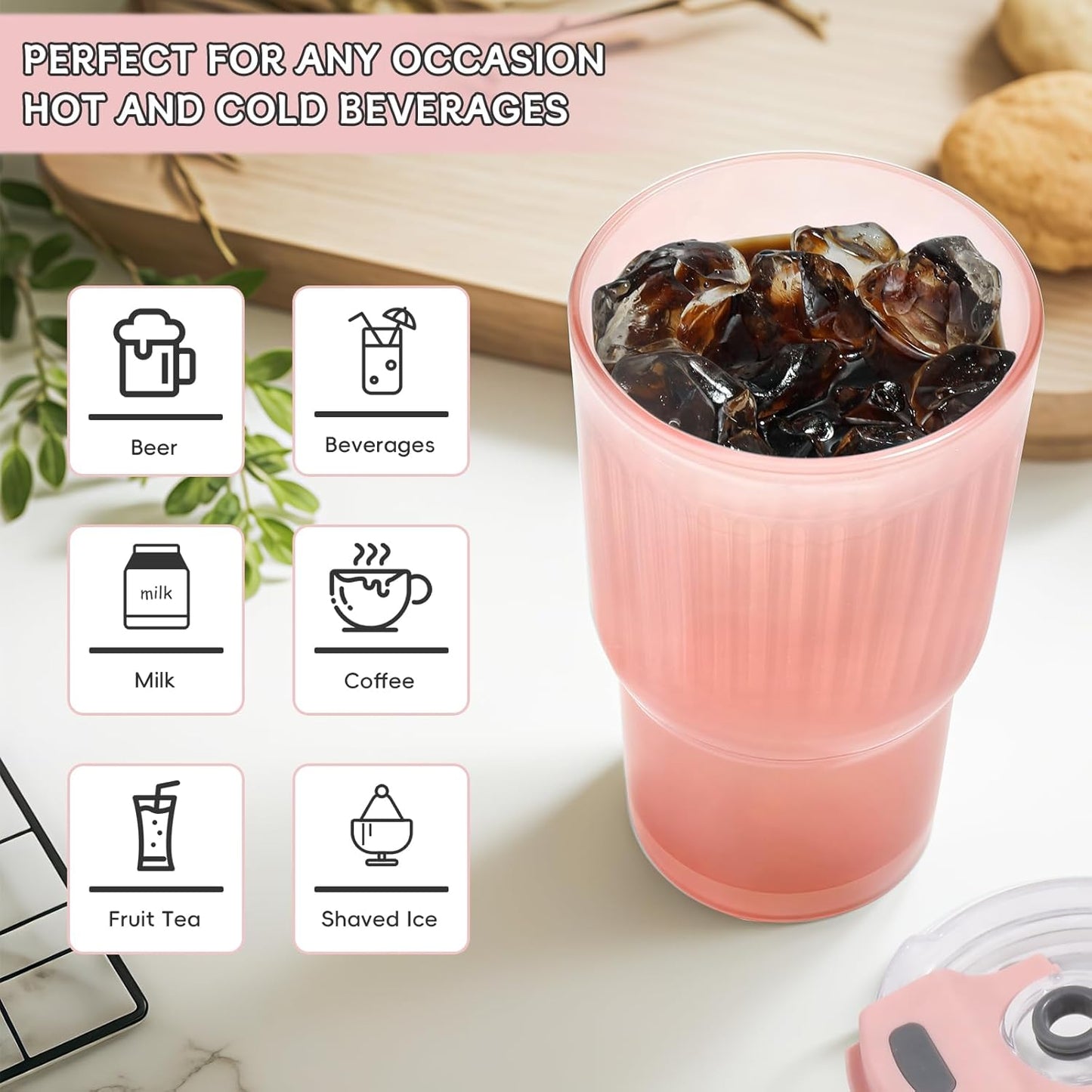 Iced Coffee Cups with Lids: Coffee Bar Accessories - Ribbed Glass Tumbler with Straw and Lid 4Pcs - 20oz Leak Proof Tumbler - Reusable Glass Cups and Tumblers with Lid and Straws for To Go Iced Coffee