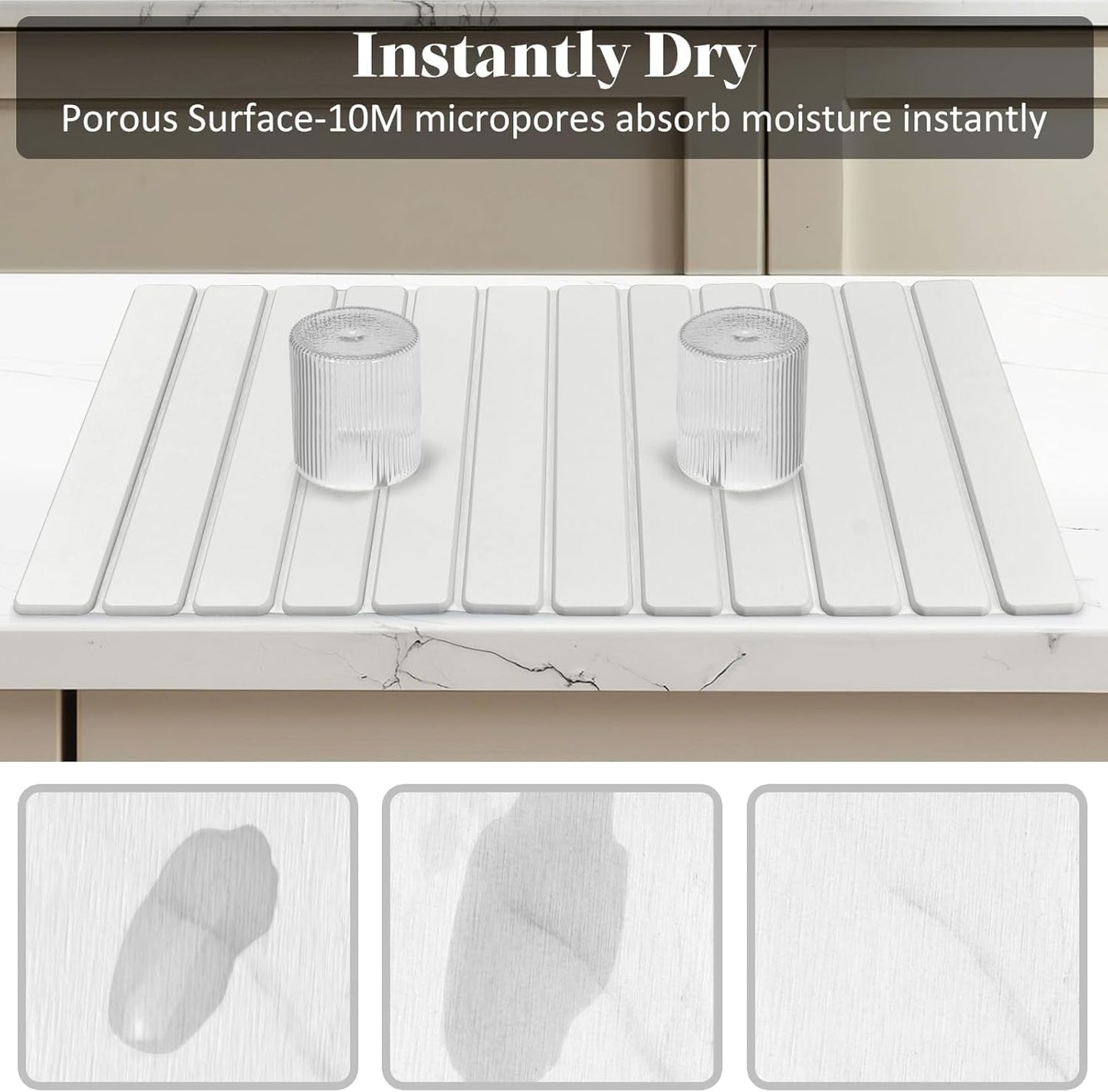 Large Stone Dish Drying Mat for Kitchen Counter – 24"(L)×16 "(W) Foldable Super Absorbent Diatomaceous Earth Dish Drying Mat, Kitchen Counter Mats for Plate Rack, Cups, Match Any Countertop - Gray