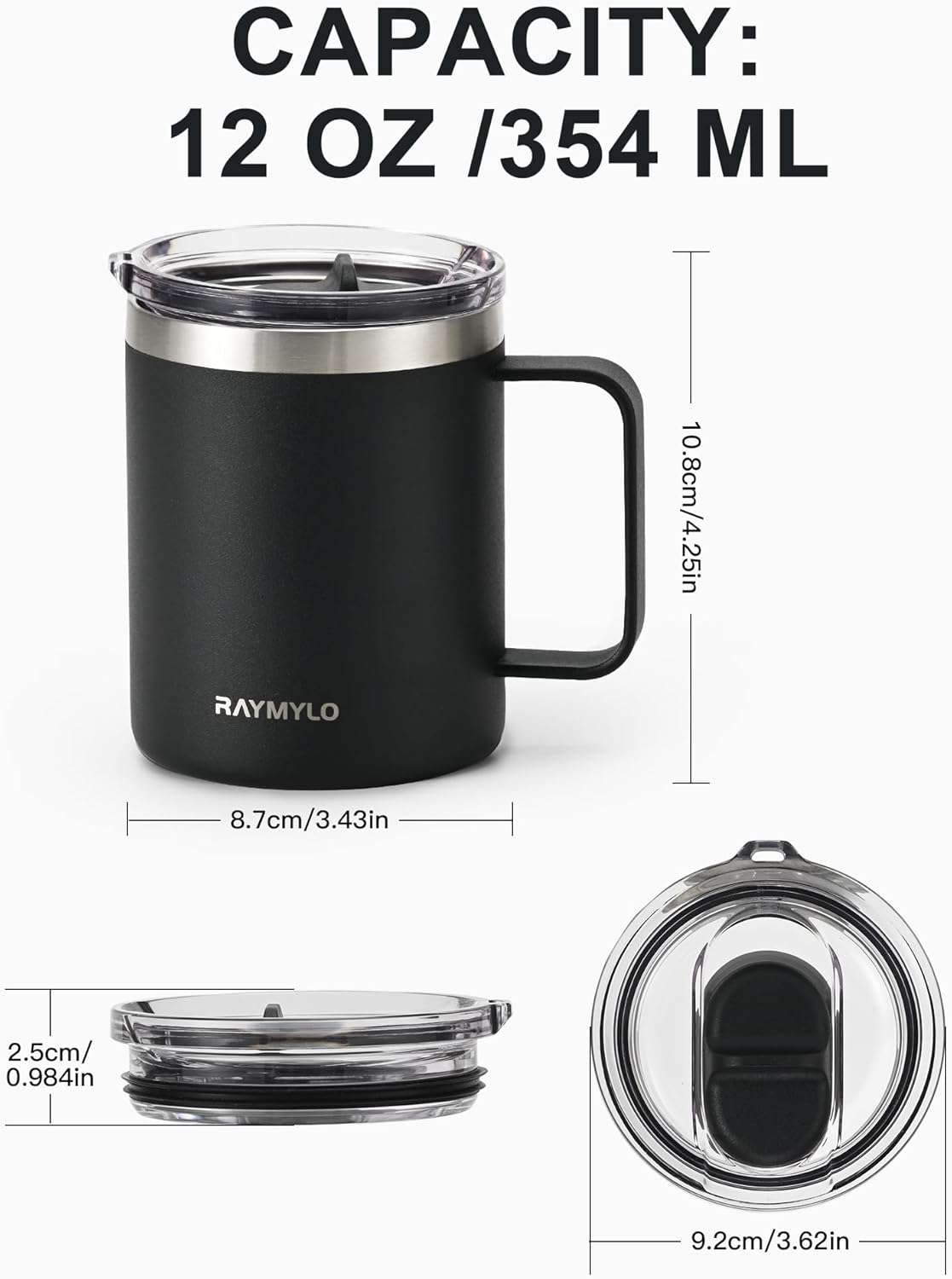 RAYMYLO Insulated Coffee Mug 12 oz, Double Wall Stainless Steel Coffee Mug with Lids, Leak-Proof & Detachable Slider Lid for Thorough Clean, Keeps Coffee Cold for 9 Hrs, Suitable for Camp Home Office