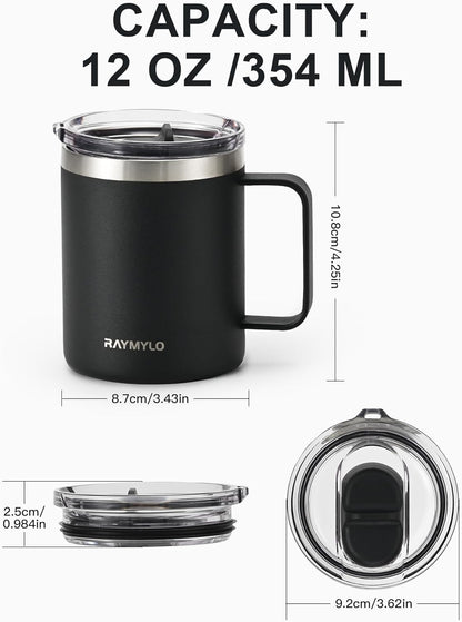 RAYMYLO Insulated Coffee Mug 12 oz, Double Wall Stainless Steel Coffee Mug with Lids, Leak-Proof & Detachable Slider Lid for Thorough Clean, Keeps Coffee Cold for 9 Hrs, Suitable for Camp Home Office
