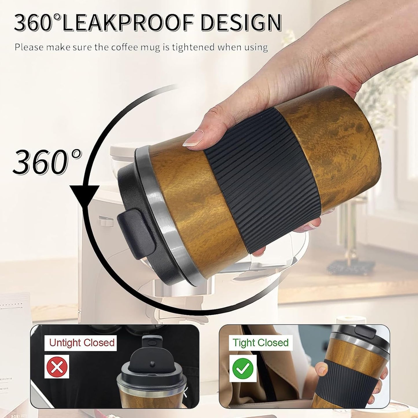 YINBAOGE Insulated Travel Coffee Mug, Spill & Leak Proof, Portable To Go Camping Stainless Steel Coffee Tumbler, Reusable Thermal Coffee Cup with Lid for Hot & Cold Drinks (Black, 12 OZ)