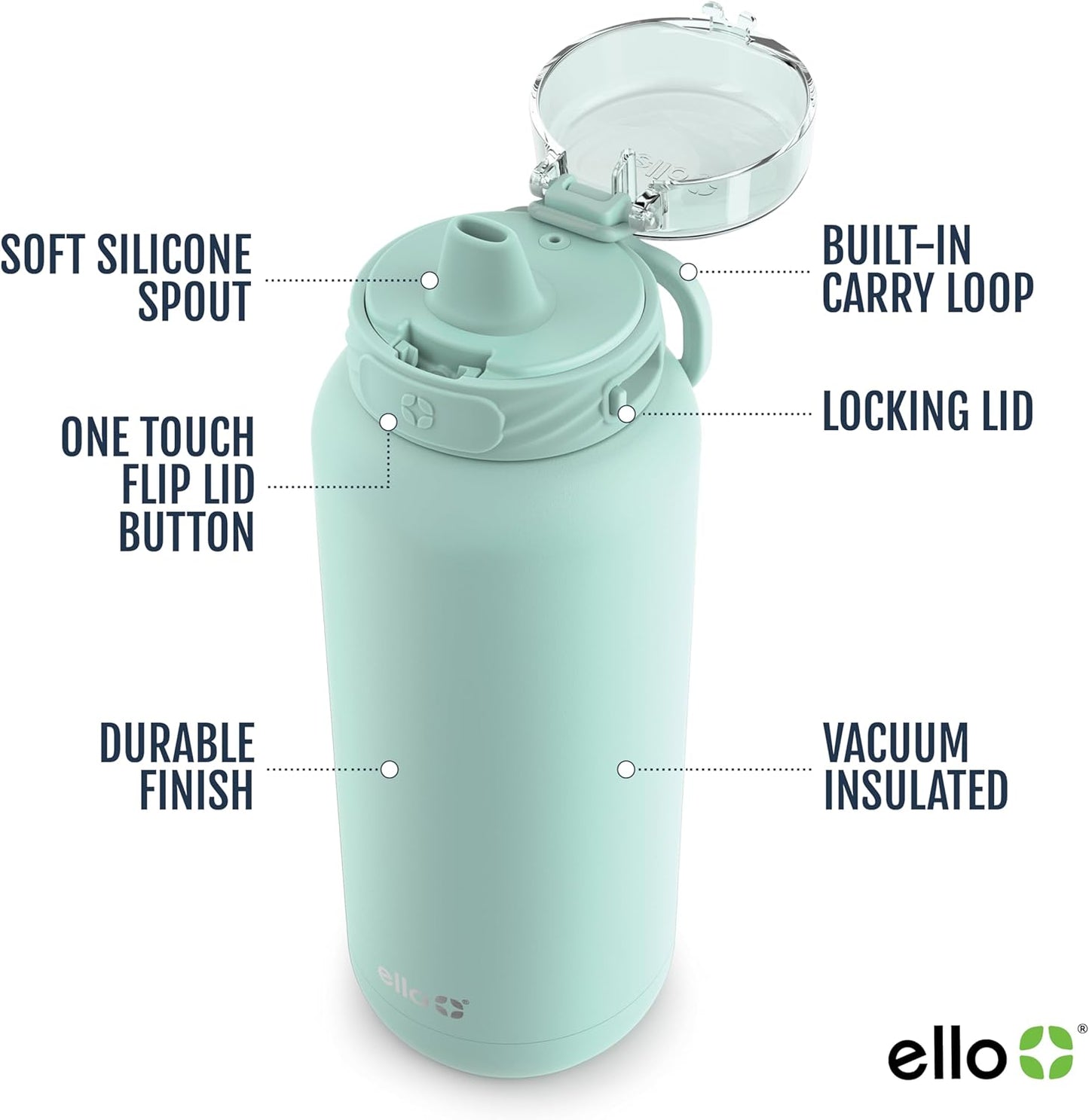 Ello Cooper 22oz Stainless Steel Water Bottle with Straw and Carry Handle, Double Walled and Vacuum Insulated Metal, Leak Proof Locking Lid with Soft Silicone Spout, Reusable, BPA Free, Lilac