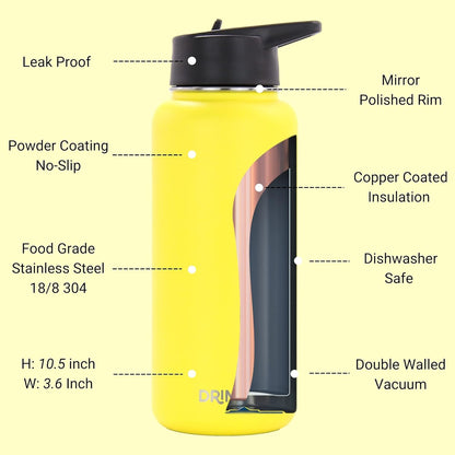 Drinco Stainless Steel Water Bottle Spout Lid Vacuum Insulated Double Wall Water Bottle Wide Mouth (40oz 32oz 22oz 18oz 14oz) Leak Proof Keep Cold Sport Camping Hiking (22 oz, 22oz Black)