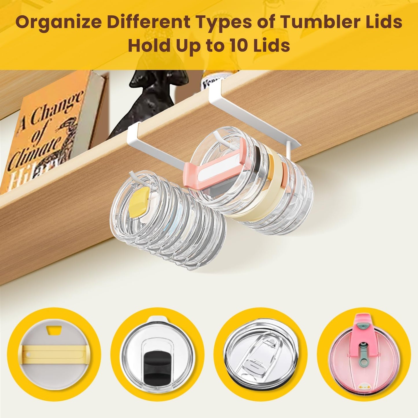 2 Pack Tumbler Lid Organizer, Under Cabinet Cup Lid Holder for Yeti Insulated Mug/Stanley Insulated Mug/Simple Modern Insulated Mug Lid, No Gluing, No Drilling, Up to 10 Lids (Black)