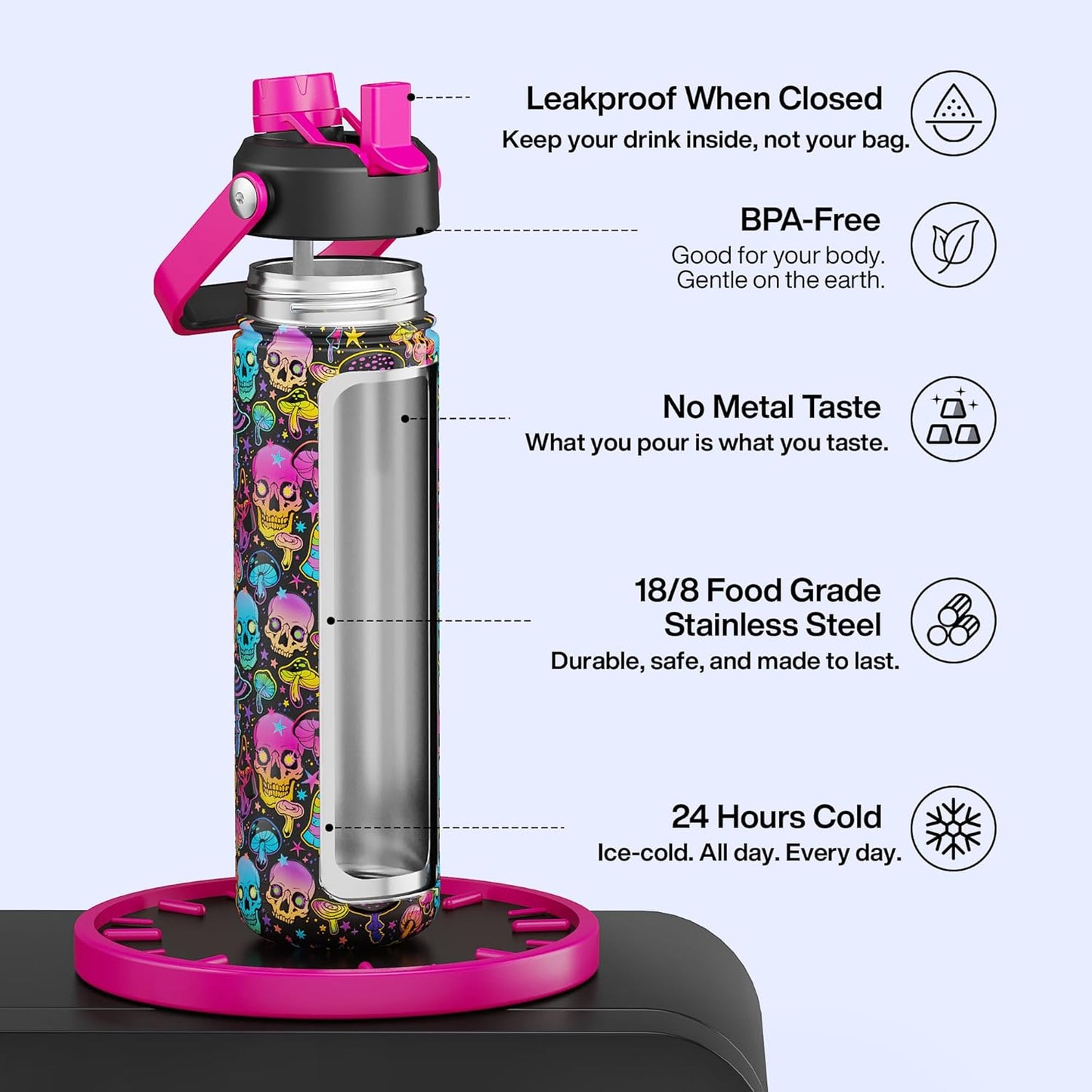 ENCOOL Insulated Water Bottle with Straw Stainless Steel Water Bottle, Leak-Proof, BPA-Free, Double Wall Vacuum Keeps Cold for 24 Hours for Sports, Travel, School (26 oz, Cotton Candy) - Colors B