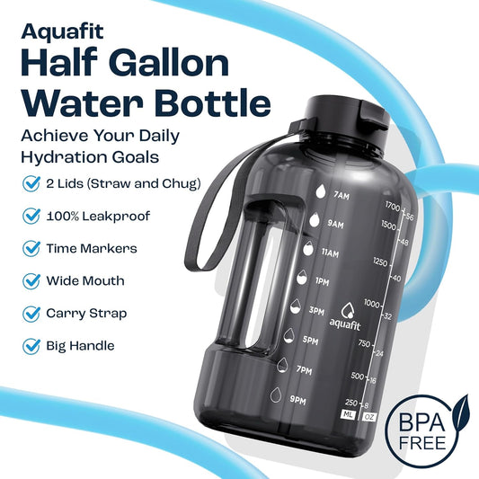 AQUAFIT 64 oz Water Bottle with Time Marker - Straw & Chug Lid - BPA Free Half Gallon Gym Water Bottle with Handle - Big Gallon Jug (Gray, 64 Ounces)