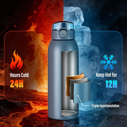 Insulated Water Bottle 24 oz with Dustproof Lid, Carry Handle & Tea Infuser, BPA-Free & Leakproof, Stainless Steel Water Bottles Ideal for Fitness, Hiking, Office & Outdoor Use (Black)