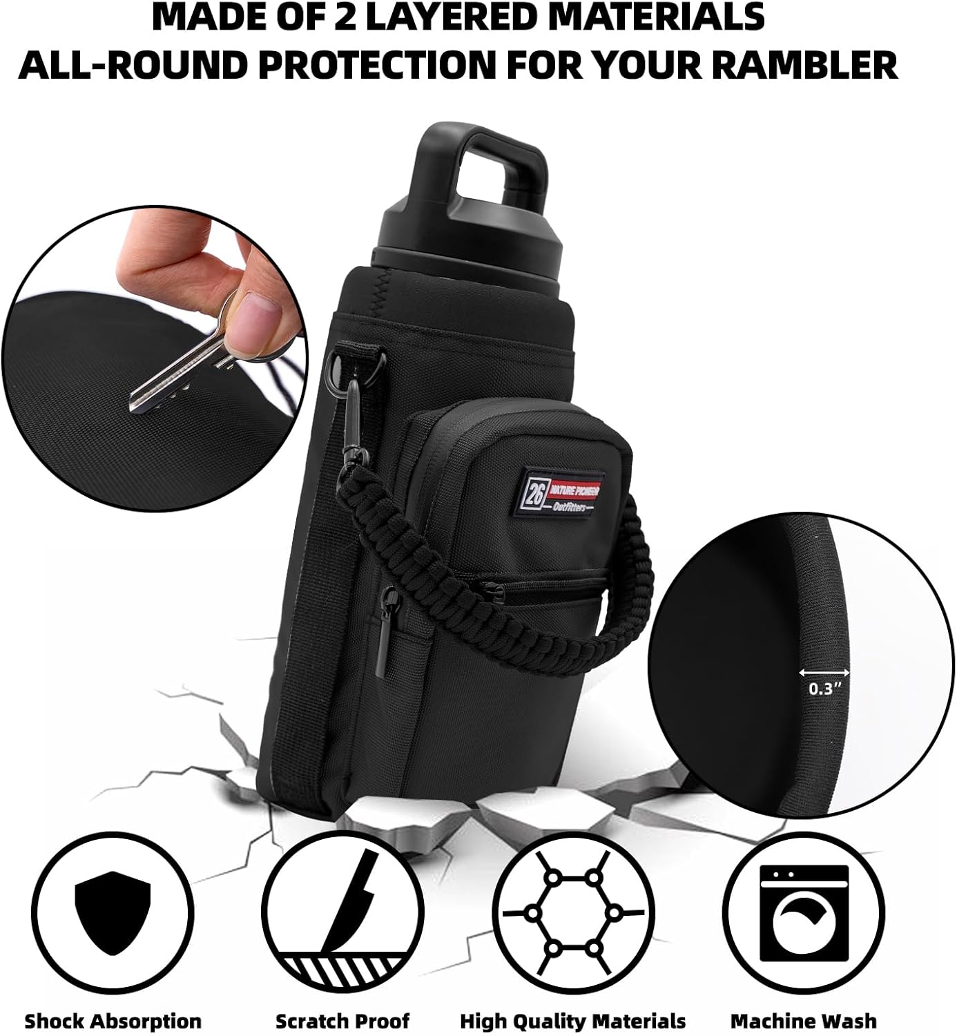 NATURE PIONEOR Water Bottle Holder with Adjustable Strap - 26/32/36/40/46/64oz Insulated Water Bottle Sling Carrier with Paracord Handle & 2 Pockets, Outdoor Sports, Hiking, Camping, Gym