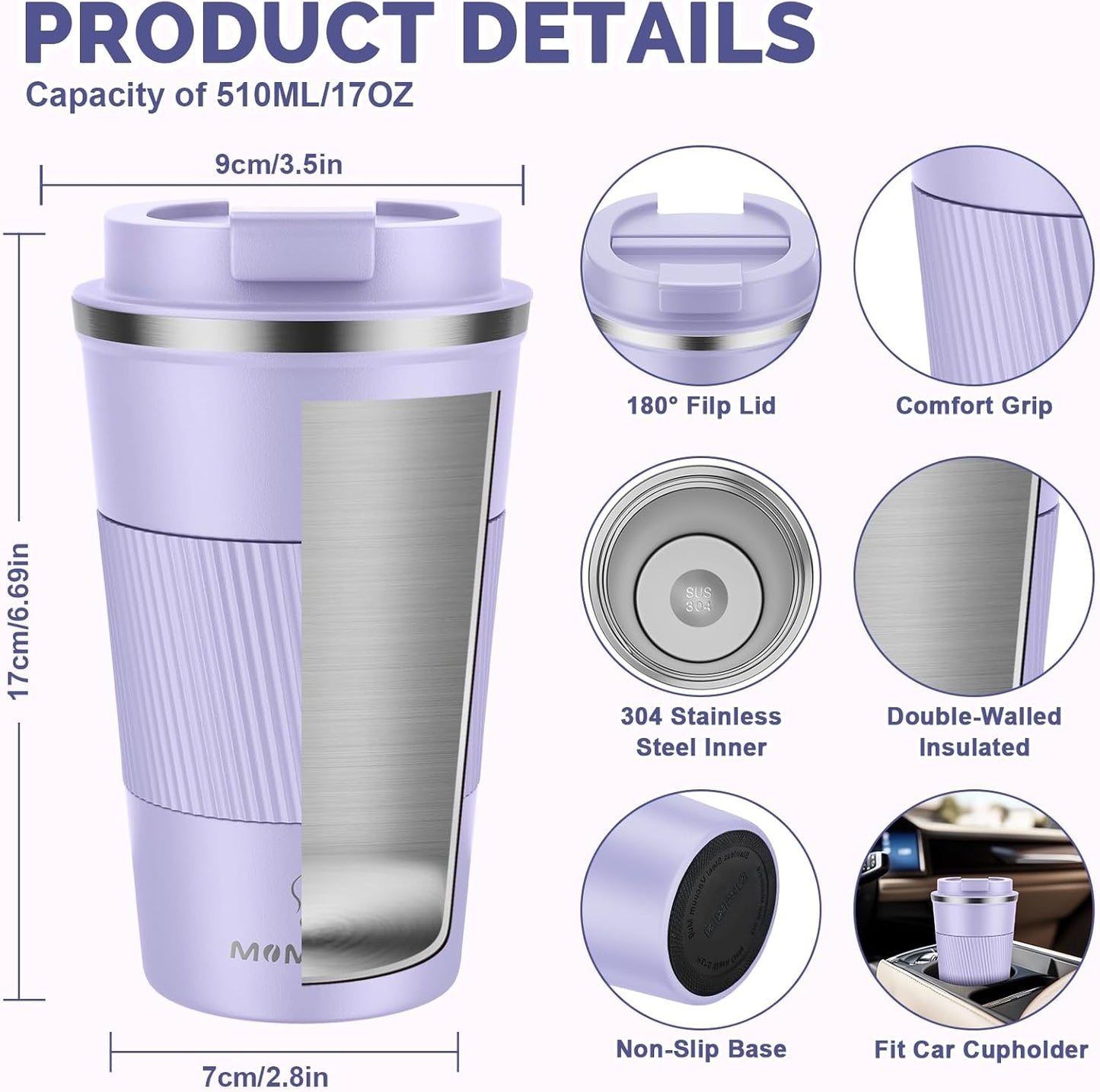 MOMSIV 12oz Travel Mug, Insulated Coffee Cup with Leakproof Lid, Travel Coffee Mug Vacuum Stainless Steel Double Walled Reusable Coffee Cup for Hot and Cold Water Coffee