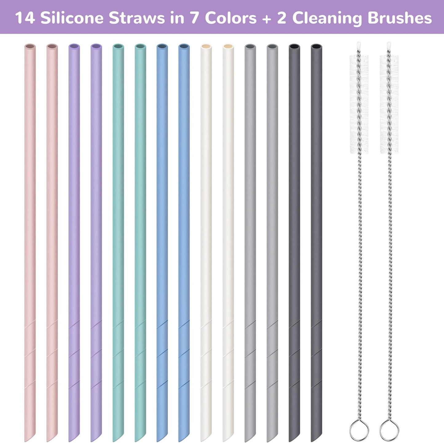 NiHome 14PCS Silicone Straws Fit for Stanley 40oz 30oz Tumbler, 14” Extra Long Reusable Drinking Straw, Flexible Can Cut Length for 1/Half Gallon 75 64 OZ Large Water Bottle - 2 Brushes (Rainbow)