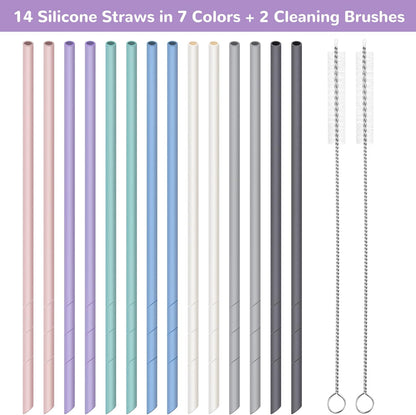 NiHome 14PCS Silicone Straws Fit for Stanley 40oz 30oz Tumbler, 14” Extra Long Reusable Drinking Straw, Flexible Can Cut Length for 1/Half Gallon 75 64 OZ Large Water Bottle - 2 Brushes (Rainbow)